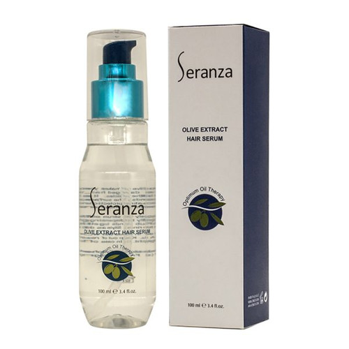 بطری سرم 100 میل سرانزا با برچسب زیتونی، حاوی سرم شفاف برای درخشش و نرمی مو